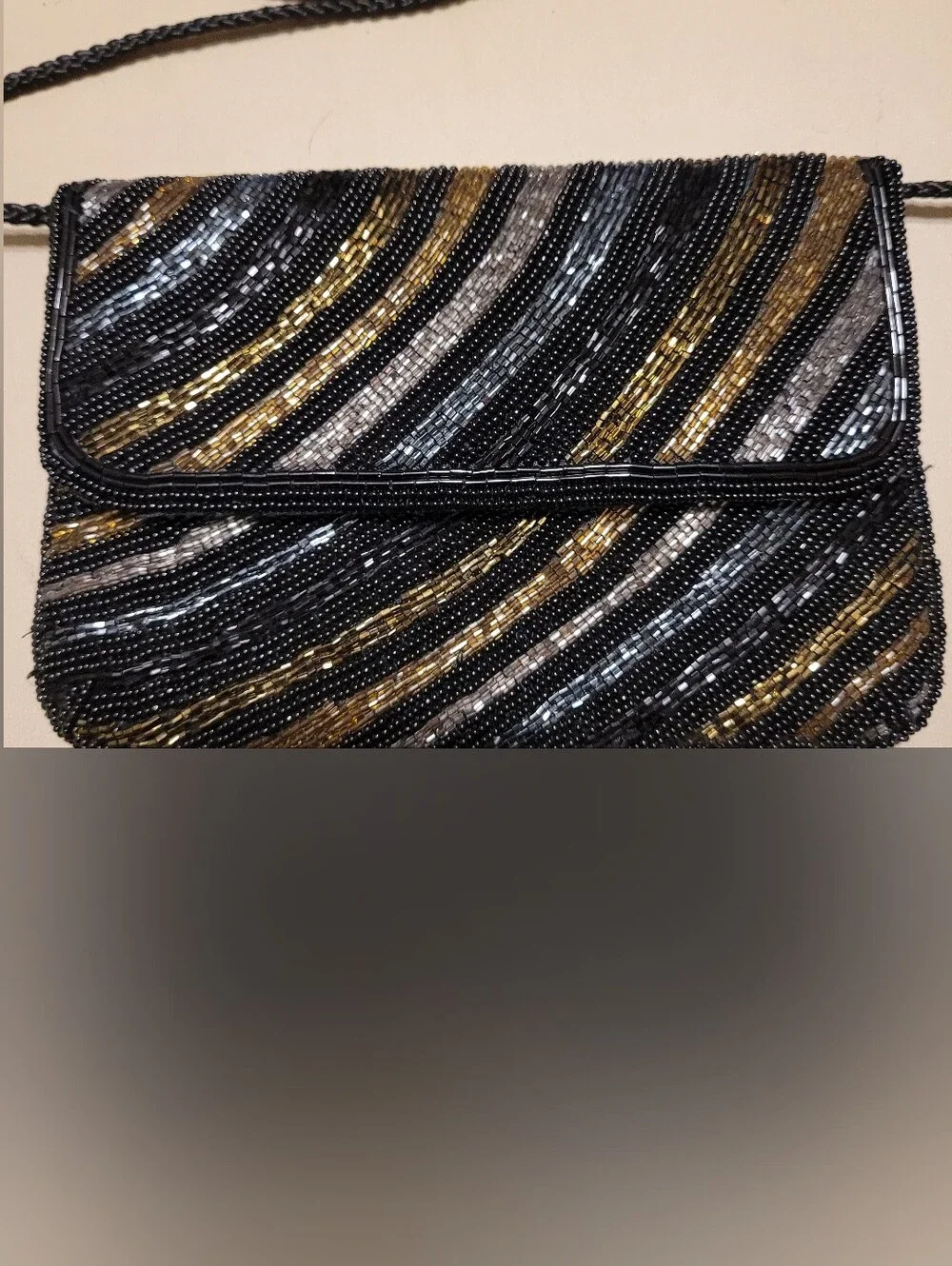 Black Beaded Evening Bag with Gold & Silver Accents.
